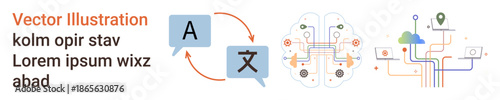 Language translation, artificial intelligence, neural networks, digital technology, global communication, multilingual systems. A-to-Z translation icons and brain with data connection pathways