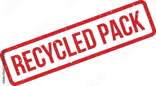 Grungy red stamp displaying recycled pack message with distressed texture for sustainable product identification