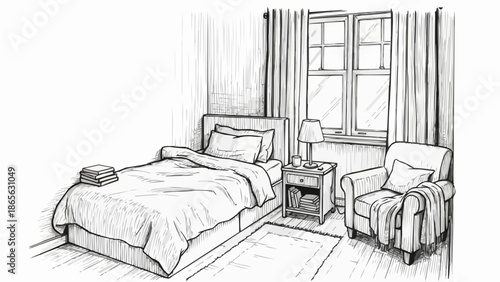 Sketch of a cozy bedroom with a single bed and armchair.