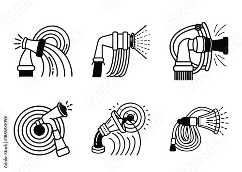 Assorted water hose nozzle vector line art illustration collection on white