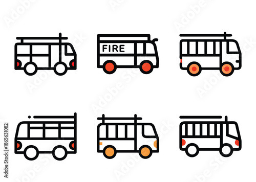 Diverse Fire Engine Icons Displaying Emergency Response Vehicles in Cartoon Style