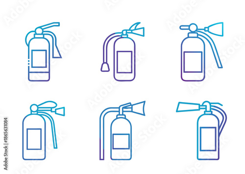 Gradient line art illustration showcasing a collection of fire extinguishers