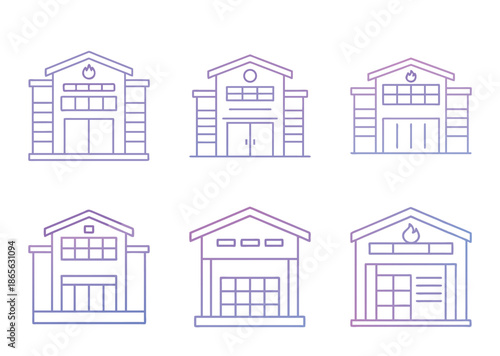 Collection of minimalist fire station line art in a purple gradient