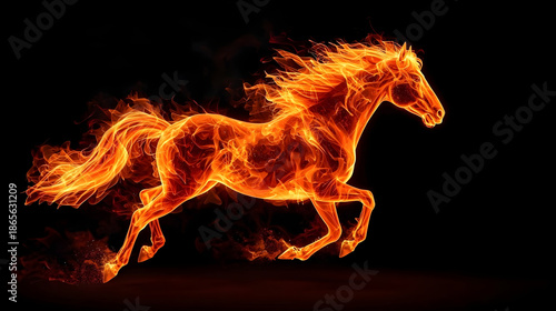 Fire Horse Made of Flames on Dark Background Representing Power and Energy