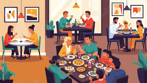 Diverse groups of people enjoying meals together in a vibrant restaurant setting.