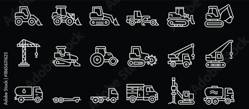 Construction vehicle line icon set. Vector pictograms of bulldozer, loader, grader, paver, roller, lowboy hauler, utility, concrete mixer, thin linear illustration.