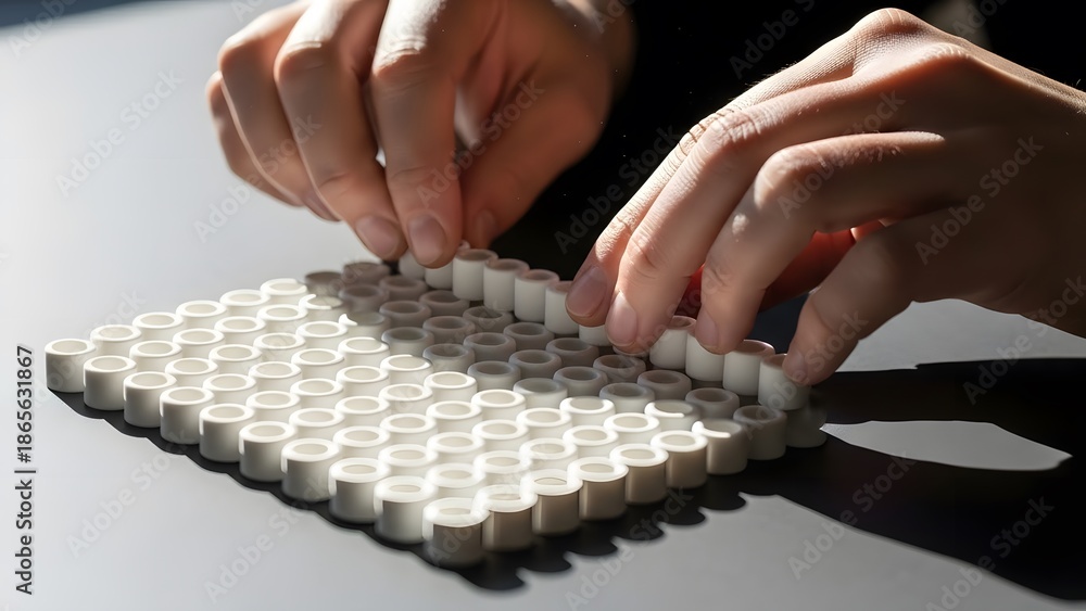 Obraz premium Hands Assembling White Jigsaw Puzzle Pieces.