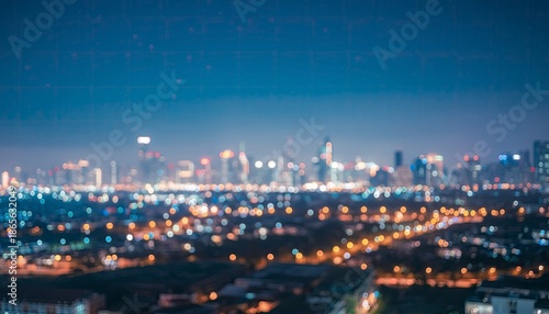 Blurred city lights at dusk, night time skyline