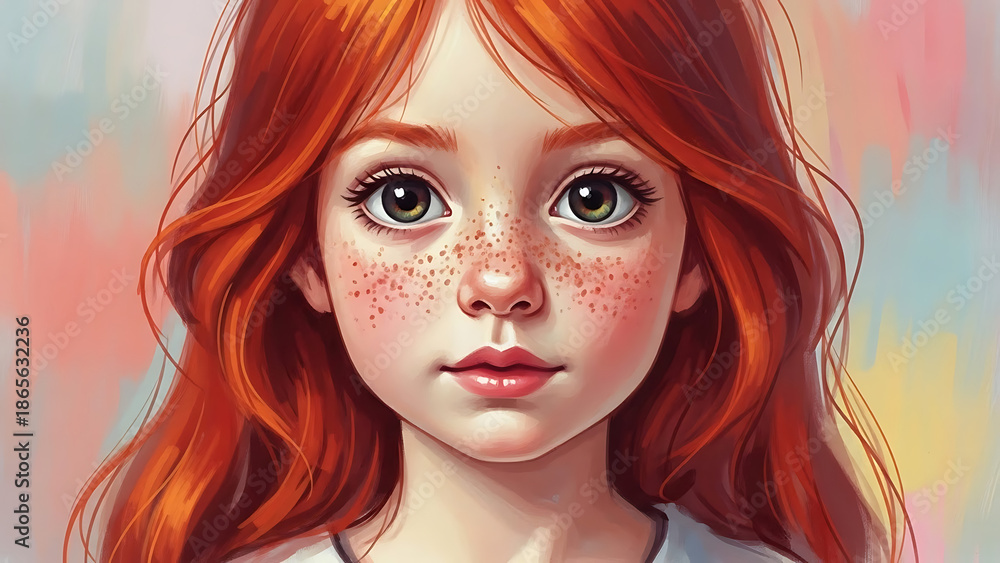 Obraz premium A young girl with red hair and freckles on her face looking directly at the viewer.