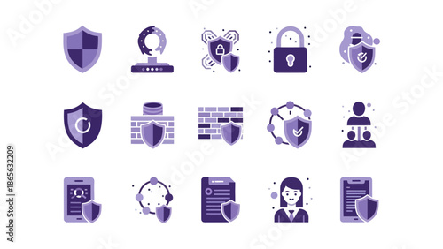 Cybersecurity and Data Protection Icons in Modern Flat Style - 15 Icon Set