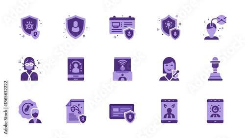 Cyber Security and Data Privacy Icons Set – Purple Flat Vector Icons for Digital Protection, Identity Security, Network Safety, and Mobile Privacy