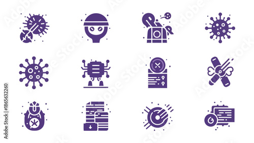 Computer Virus and Malware Threat Icon Set – Purple Flat Vector Icons for Cyber Attack, Hacker Activity, Malicious Bots, and Digital Data Infection
