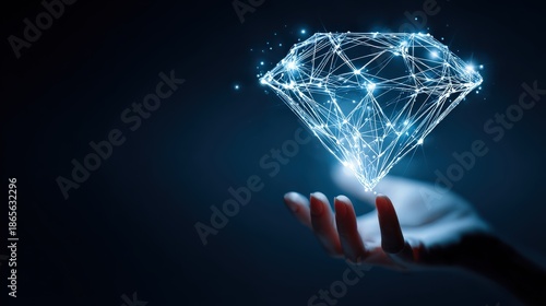 A hand cradles a luminous digital diamond, symbolizing the value and preciousness of innovative technology within a deep blue digital realm.  ..Created with Generative AI, not depicting real subjects.