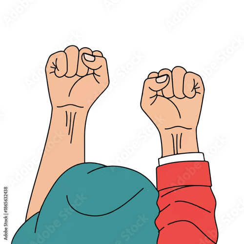Two fists raised in solidarity and protest from different people