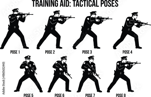 Vector silhouettes of police officers in tactical training poses with rifles for law enforcement, military, security, and public safety instructional materials