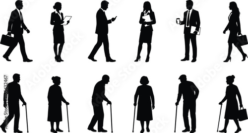 Vector silhouettes of professional business people in suits and elderly senior citizens with walking canes representing different life stages and corporate work