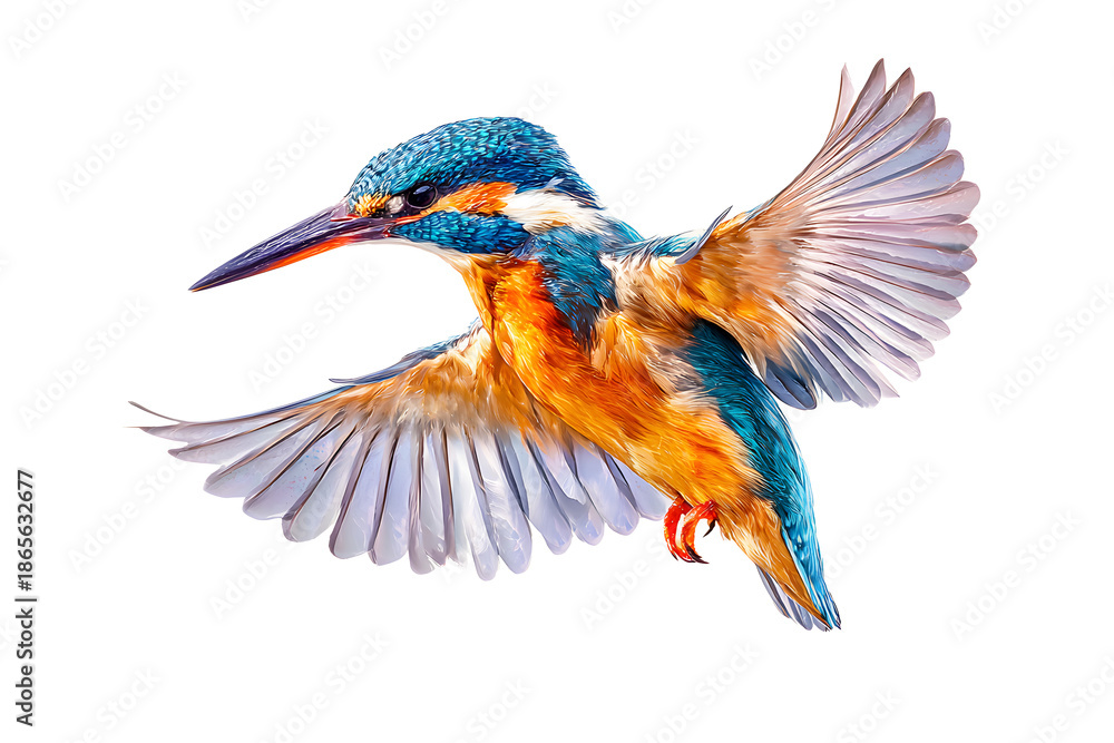 Obraz premium Picture draw by watercolor of kingfisher bird beautiful flying to find food isolated on cutout PNG or transparent background. Work of art. Realistic animal clipart template pattern.