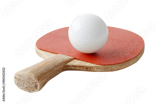 Ping pong racket red and ball smooth and white isolated on cut out PNG or transparent background. Ideal for themes of sport recreation and fitness. Table tennis paddle addle features wooden handle.