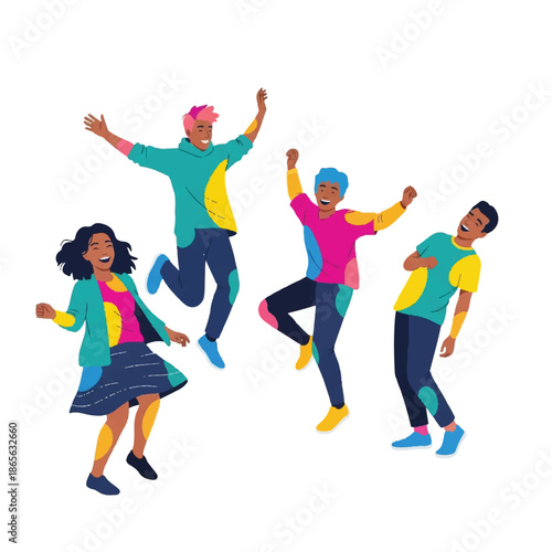 Group of people jumping together in joyful celebration with vibrant clothing and dynamic poses