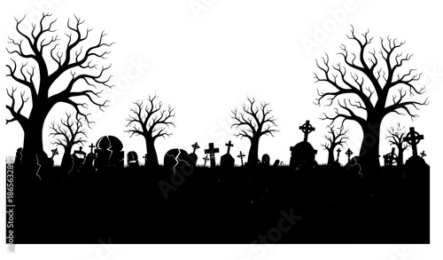 Abandoned spooky graveyard silhouette vector illustration for Halloween night background