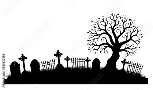 Spooky Halloween cemetery silhouette vector background with graves and dead tree