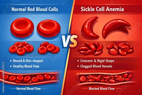 Sickle Cell Anemia, Comparison of Normal VS Sickle Shaped Red Blood Cells Flat Vector 