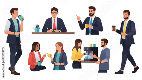 Professionals enjoying coffee breaks in modern office setting