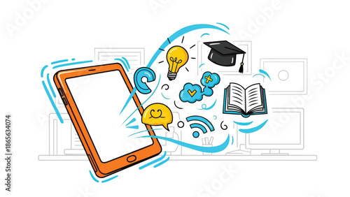 A tablet displaying educational content with icons for learning and technology surrounding it in a digital environment from a straightforward viewpoint