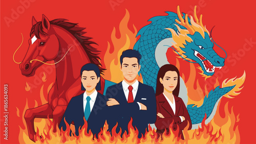 Illustration of three business professionals standing confidently with a horse and dragon amidst flames on Kuda Chinese Day.