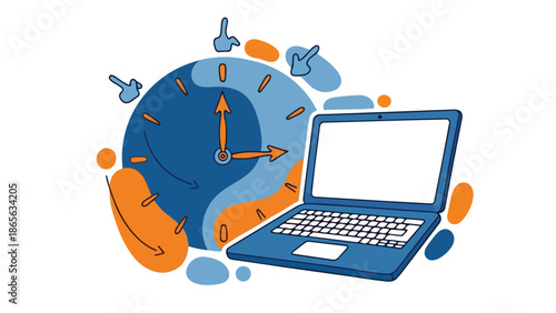 A laptop computer displaying a blank screen is surrounded by time and notification symbols