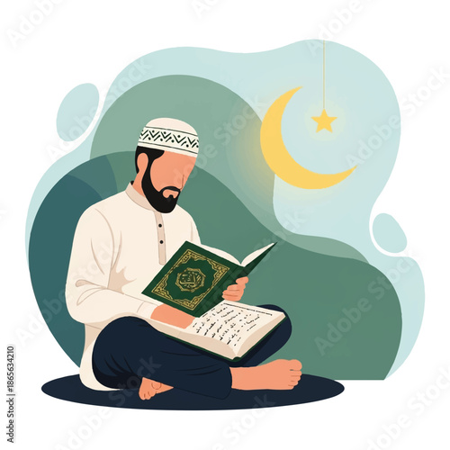 Man reading religious text during a serene nighttime moment under a crescent moon and star