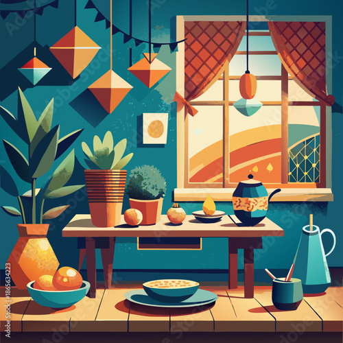 Beberapa dekorasi dan meja kayu
