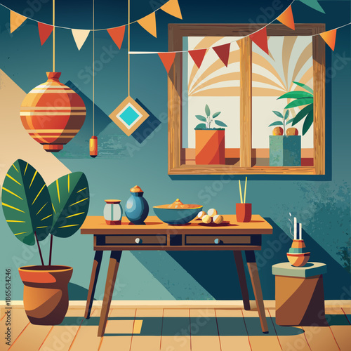 Beberapa dekorasi dan meja kayu
