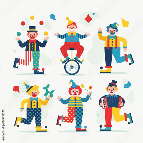 Vibrant cartoon clowns performing acrobatic stunts in a lively celebration atmosphere