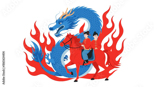 Illustration of a rider on a horse surrounded by flames with a blue dragon in the background, symbolizing Kuda Chinese Day.