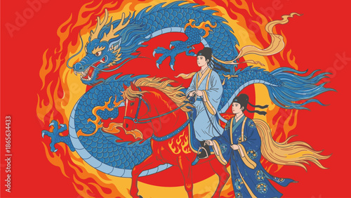 Illustration of a Kuda Chinese Day scene with a blue dragon, woman, and man in traditional attire against a red background with flames.
