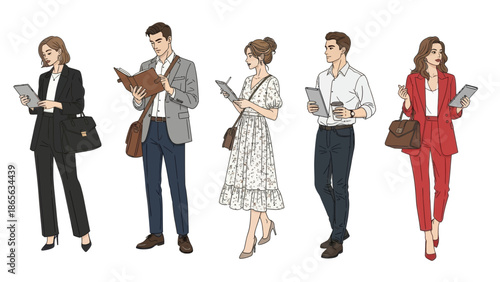 Professionals using digital devices in stylish business attire