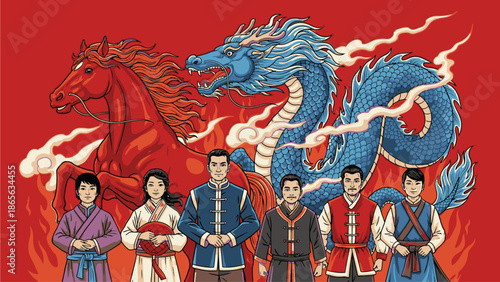 Illustration of Kuda Chinese Day with a blue dragon and red horse behind six people in traditional clothing standing in front of a red background with flames.
