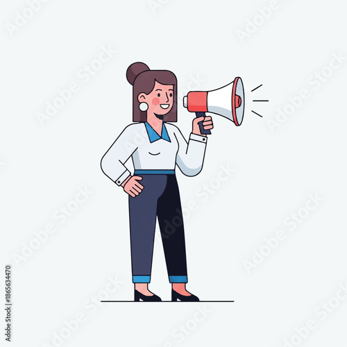 Woman standing with megaphone, announcing message loud, standing confidently with hand on hip
