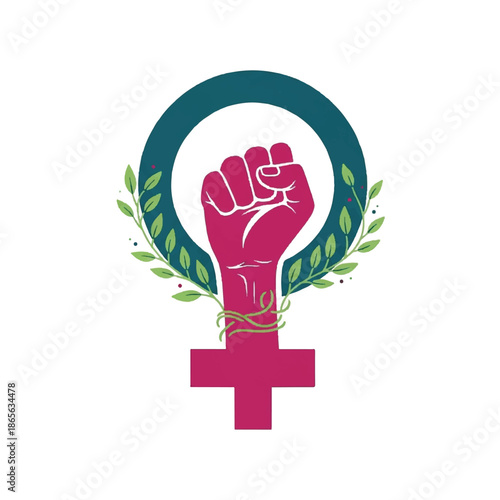 Feminist Empowerment Symbol with Raised Fist and Laurel Wreath Illustration