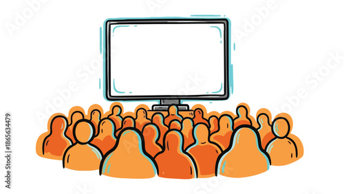 A crowd of people gathered around a large screen displaying a blank image