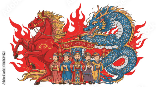 Illustration of a red horse and blue dragon with flames, surrounded by a group of people in traditional Kuda Chinese Day attire standing together.