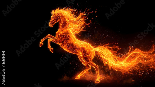 Fire Horse Made of Flames on Dark Background Representing Power and Energy