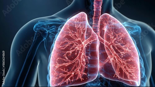 Human lungs breathing anatomy 3D animation in transparent body x-ray view