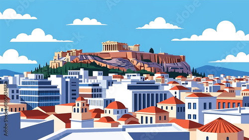 Athens city postcard vector illustration with historic skyline and iconic architecture in flat solid colors, timeless travel poster style for tourism, wall decor, and branding