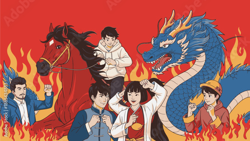 Vibrant illustration of people, a horse, and a dragon amidst flames, conveying a Kuda Chinese Day celebration with bold colors and dynamic composition.