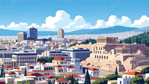 Athens city postcard vector illustration with historic skyline and iconic architecture in flat solid colors, timeless travel poster style for tourism, wall decor, and branding