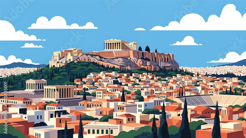 Athens city postcard vector illustration with historic skyline and iconic architecture in flat solid colors, timeless travel poster style for tourism, wall decor, and branding
