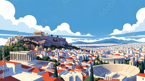 Athens city postcard vector illustration with historic skyline and iconic architecture in flat solid colors, timeless travel poster style for tourism, wall decor, and branding