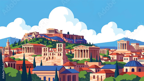 Athens city postcard vector illustration with historic skyline and iconic architecture in flat solid colors, timeless travel poster style for tourism, wall decor, and branding